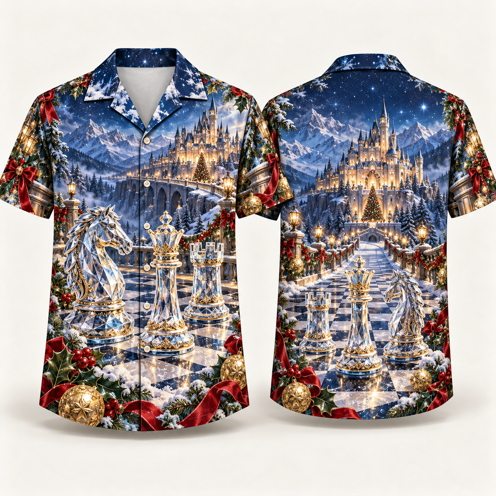 Digital mockup: front and back of one AlohaVero Christmas Crystal Chess Winter Castle No Pocket Hawaiian shirt