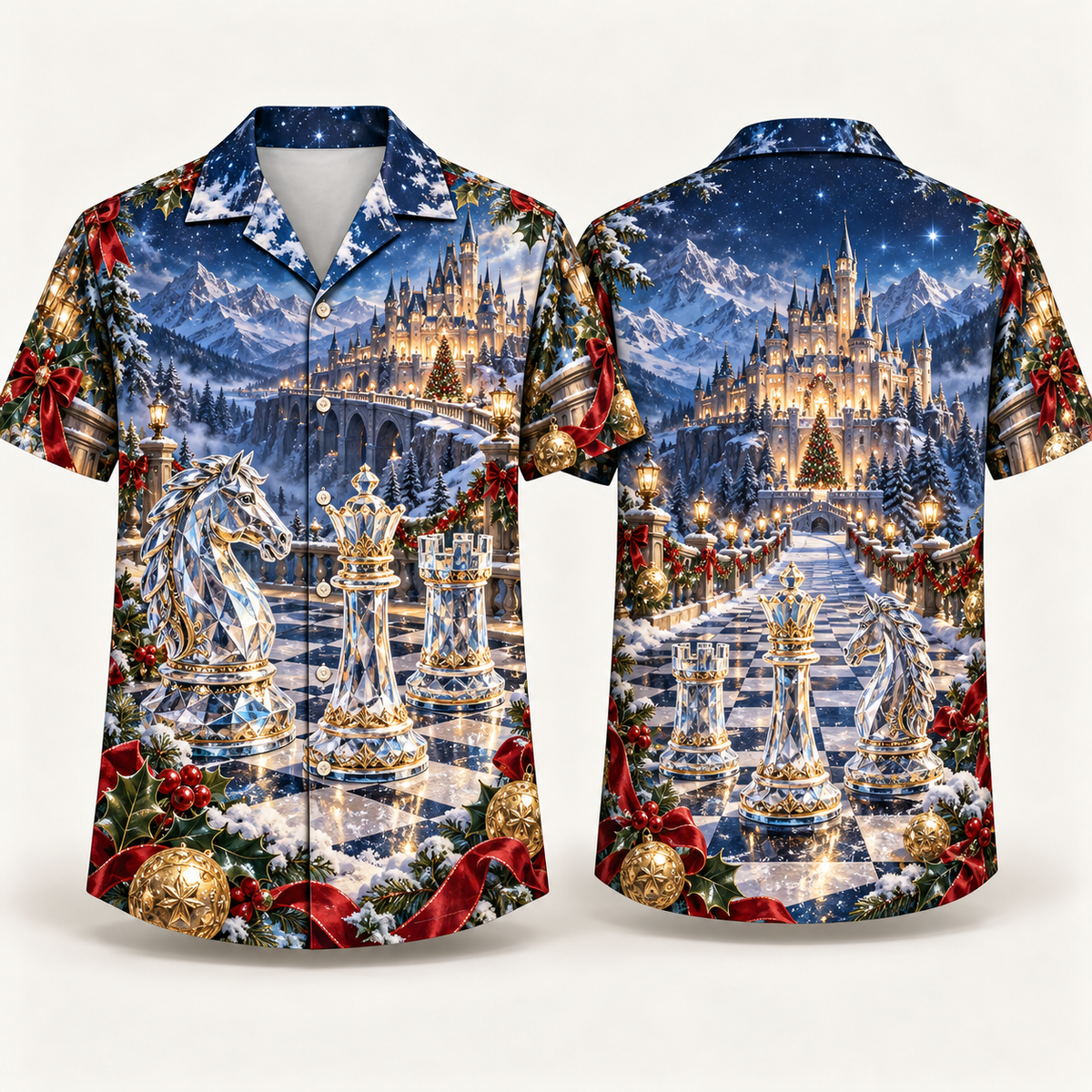 Digital mockup: front and back of one AlohaVero Christmas Crystal Chess Winter Castle No Pocket Hawaiian shirt
