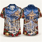 Digital mockup: front and back of one AlohaVero Christmas Crystal Chess Winter Castle No Pocket Hawaiian shirt
