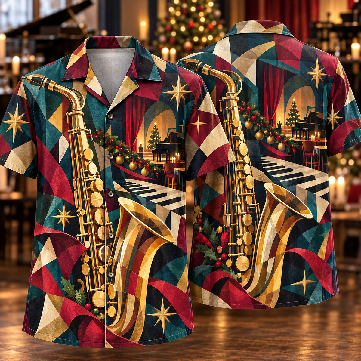 Digital mockup: front and back of one AlohaVero Christmas Cubist Jazz Saxophone Burgundy Teal Golden Night No Pocket Hawaiian shirt