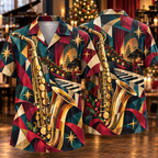 Digital mockup: front and back of one AlohaVero Christmas Cubist Jazz Saxophone Burgundy Teal Golden Night No Pocket Hawaiian shirt