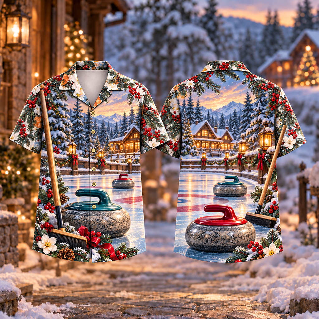 Digital mockup: front and back of one AlohaVero Christmas Curling Winter Gathering Print No Pocket Hawaiian shirt