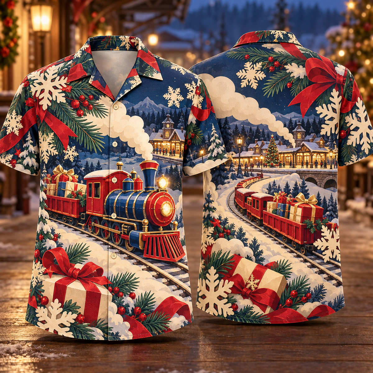 Digital mockup: front and back of one AlohaVero Christmas Cut Paper Toy Train Village Ruby Cobalt Cream No Pocket Hawaiian shirt