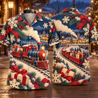 Digital mockup: front and back of one AlohaVero Christmas Cut Paper Toy Train Village Ruby Cobalt Cream No Pocket Hawaiian shirt