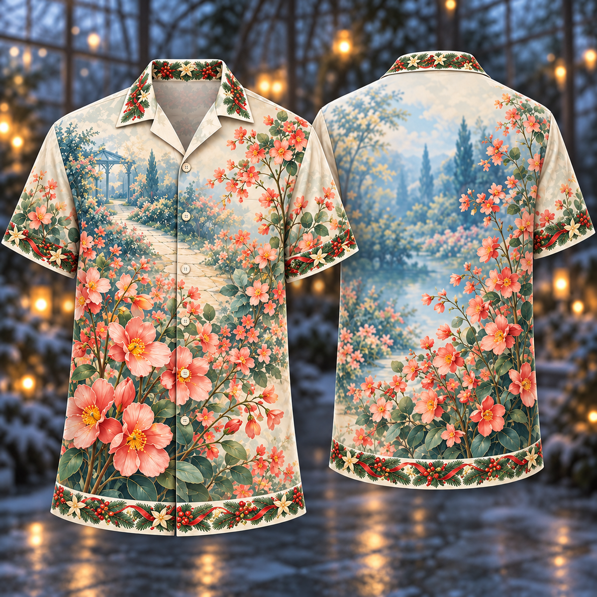 Digital mockup: front and back of one AlohaVero Christmas Diascia Coral Garden Path No Pocket Hawaiian shirt