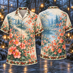 Digital mockup: front and back of one AlohaVero Christmas Diascia Coral Garden Path No Pocket Hawaiian shirt