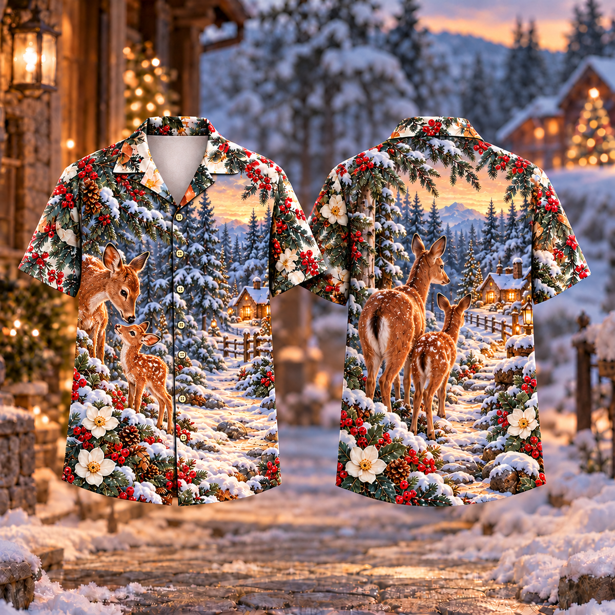 Digital mockup: front and back of one AlohaVero Christmas Doe Fawn Forest Path Print No Pocket Hawaiian shirt