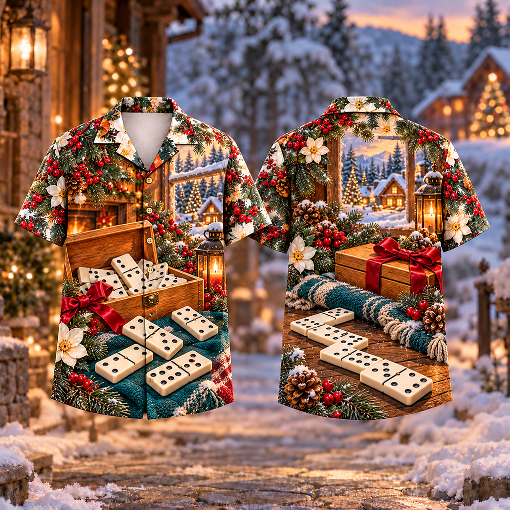 Digital mockup: front and back of one AlohaVero Christmas Domino Fireside Gathering Print No Pocket Hawaiian shirt