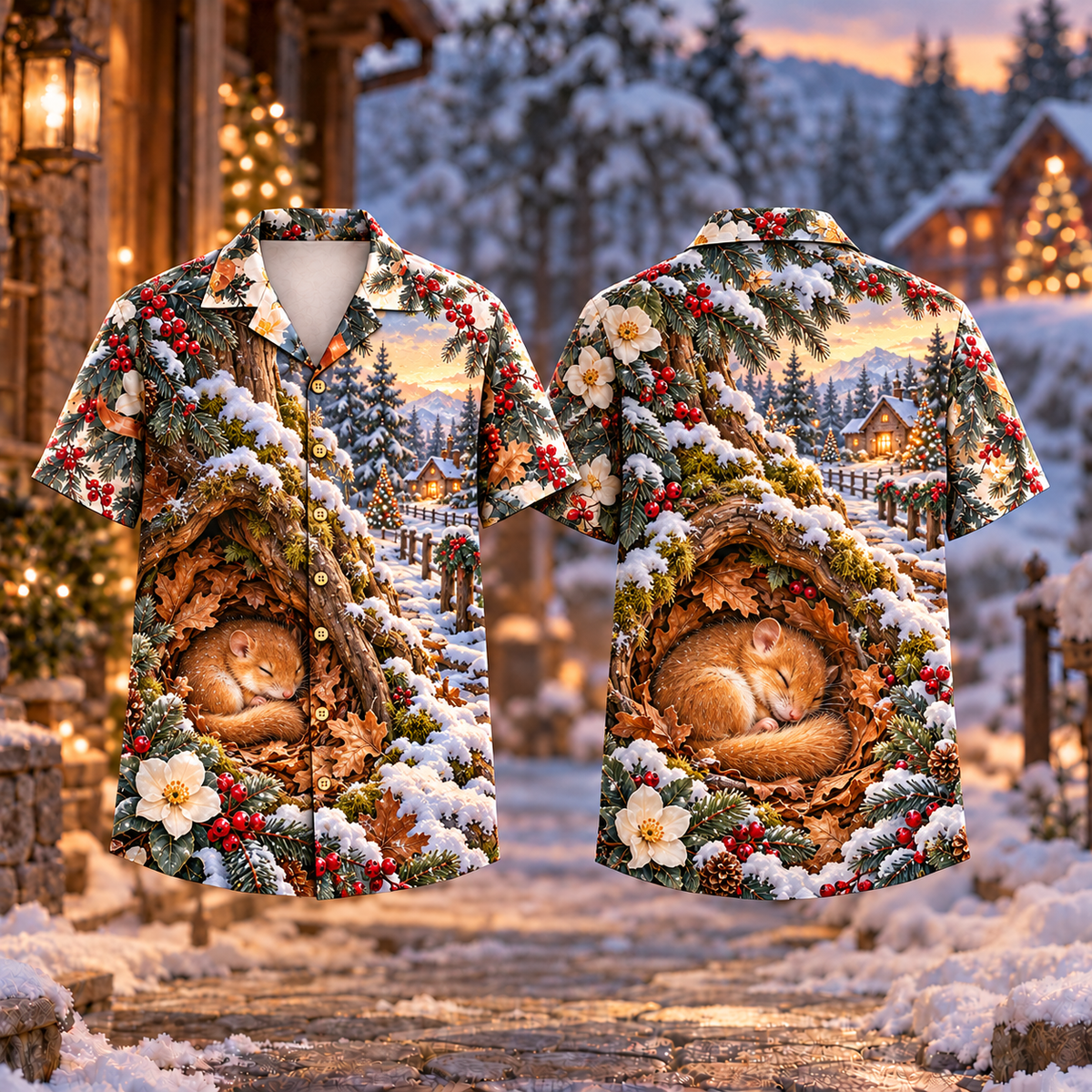 Digital mockup: front and back of one AlohaVero Christmas Dormouse Winter Nest Honey Moss No Pocket Hawaiian shirt
