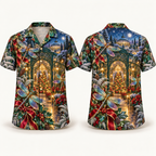 Digital mockup: front and back of one AlohaVero Christmas Dragonfly Jewel Winter Greenhouse No Pocket Hawaiian shirt