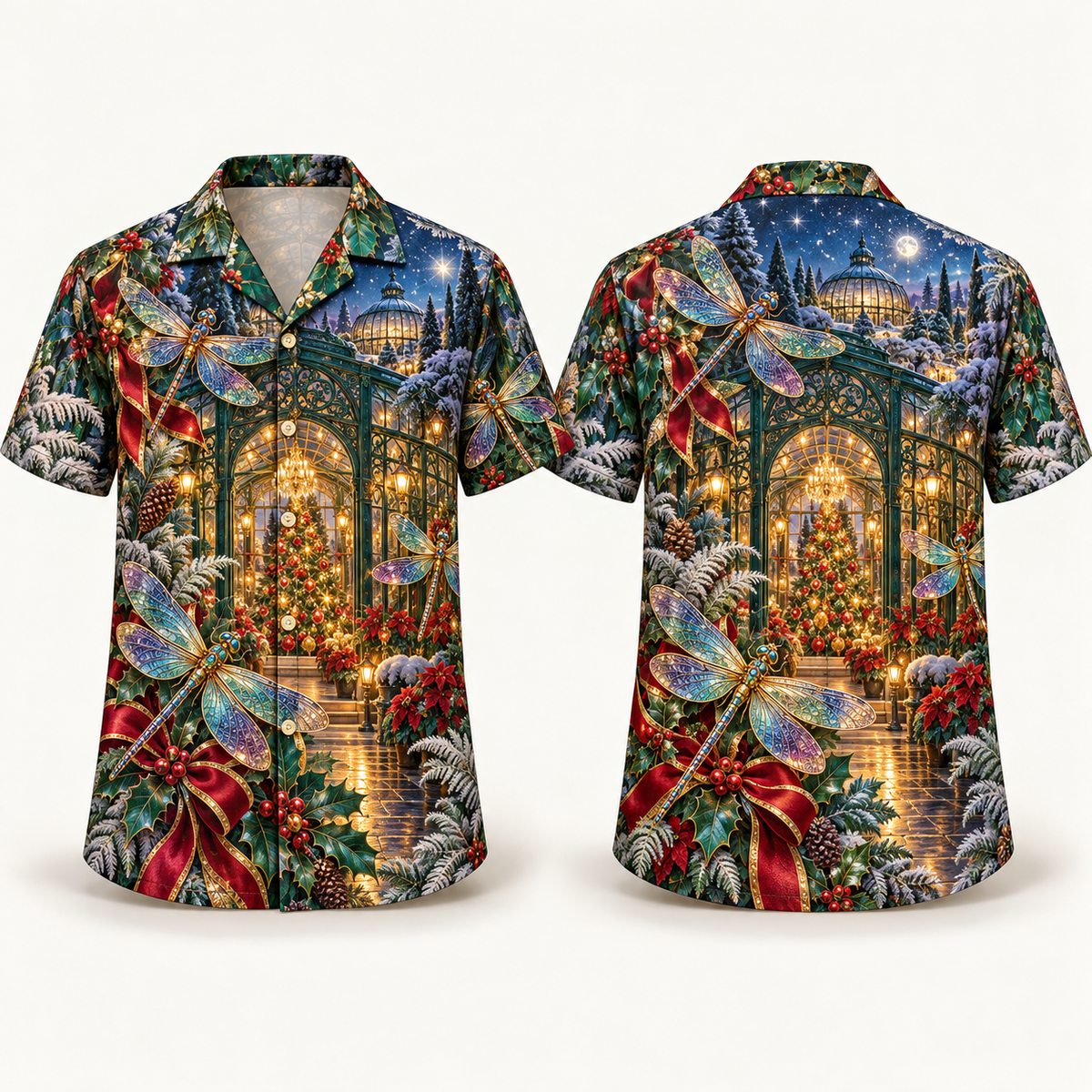 Digital mockup: front and back of one AlohaVero Christmas Dragonfly Jewel Winter Greenhouse No Pocket Hawaiian shirt