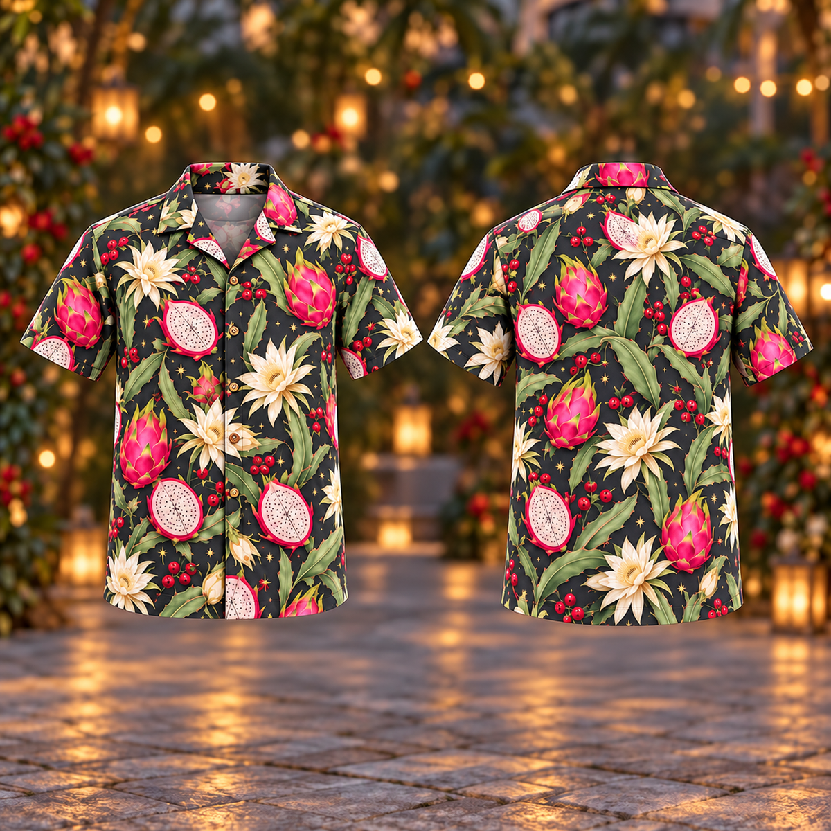 Digital mockup: front and back of one AlohaVero Christmas Dragonfruit Cactus Charcoal Aloha No Pocket Hawaiian shirt