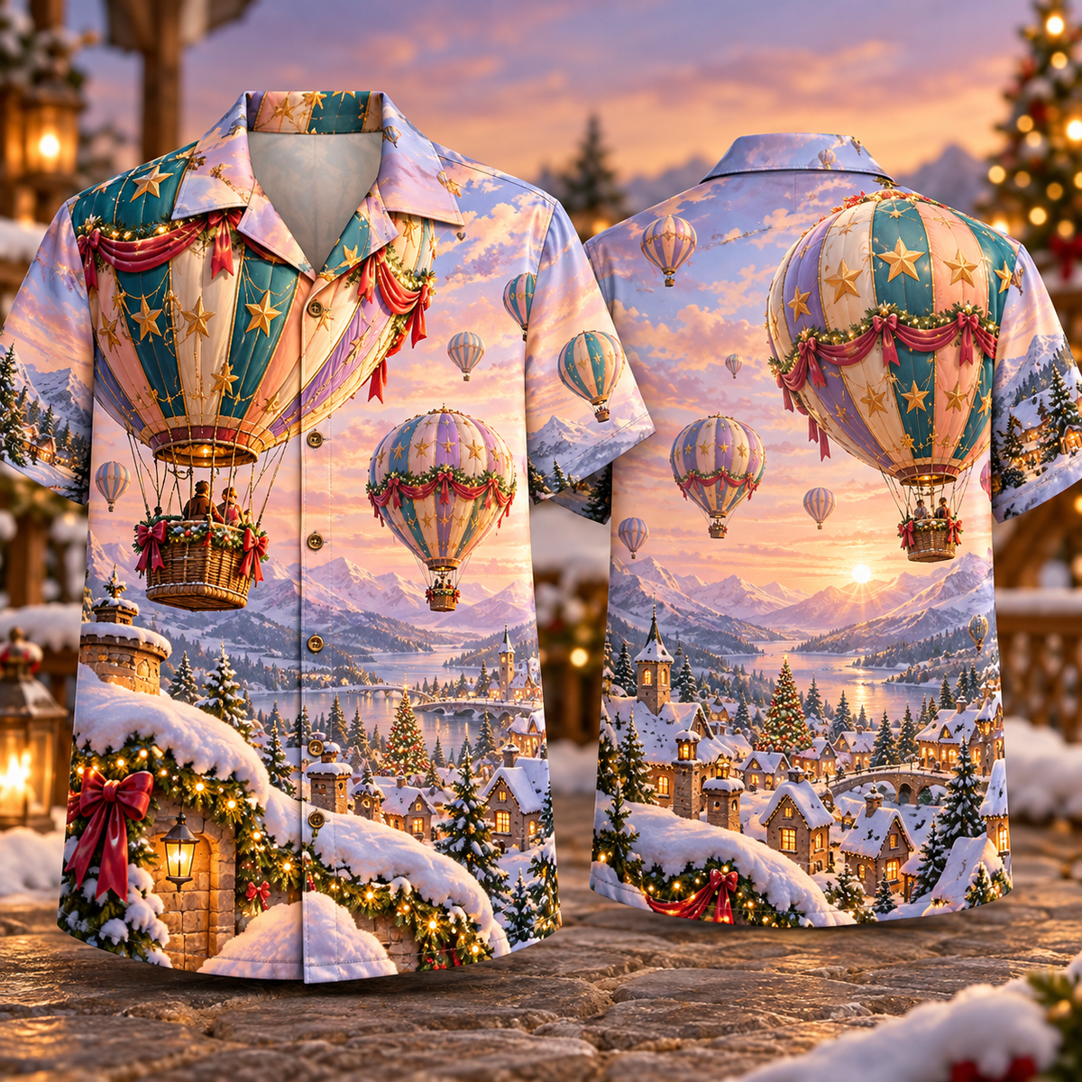 Digital mockup: front and back of one AlohaVero Christmas Dreamscape Hot Air Balloon Snow Village Peach Lilac No Pocket Hawaiian shirt