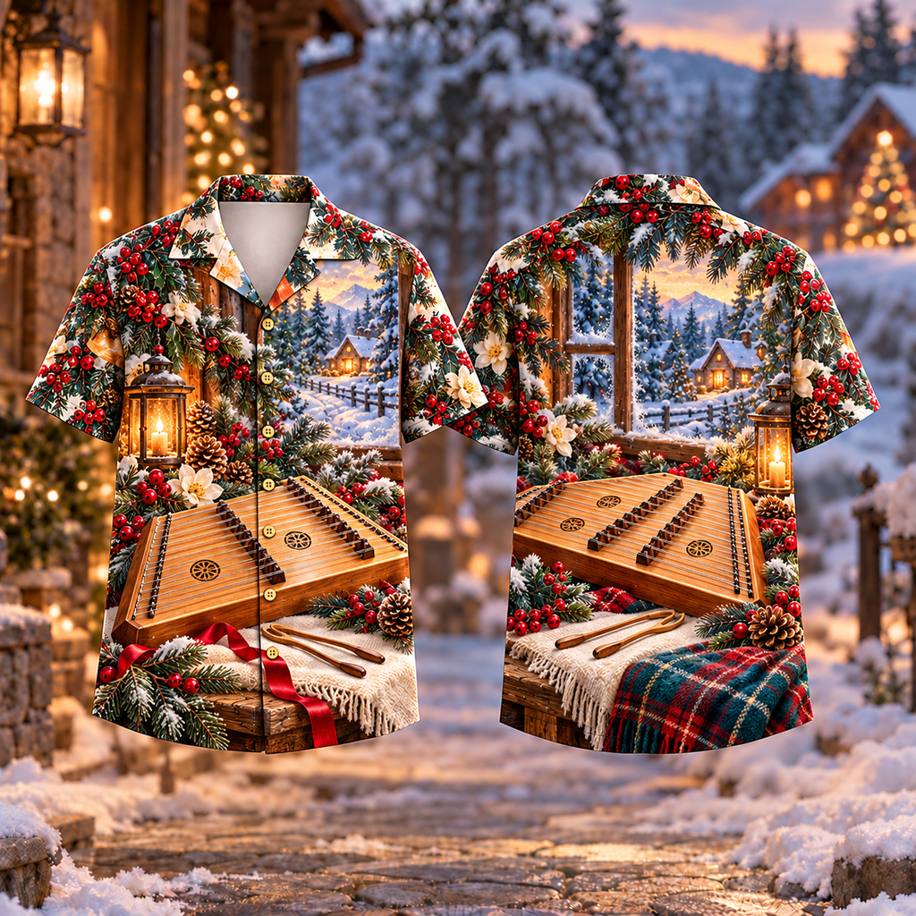 Digital mockup: front and back of one AlohaVero Christmas Dulcimer Winter Melody Print No Pocket Hawaiian shirt
