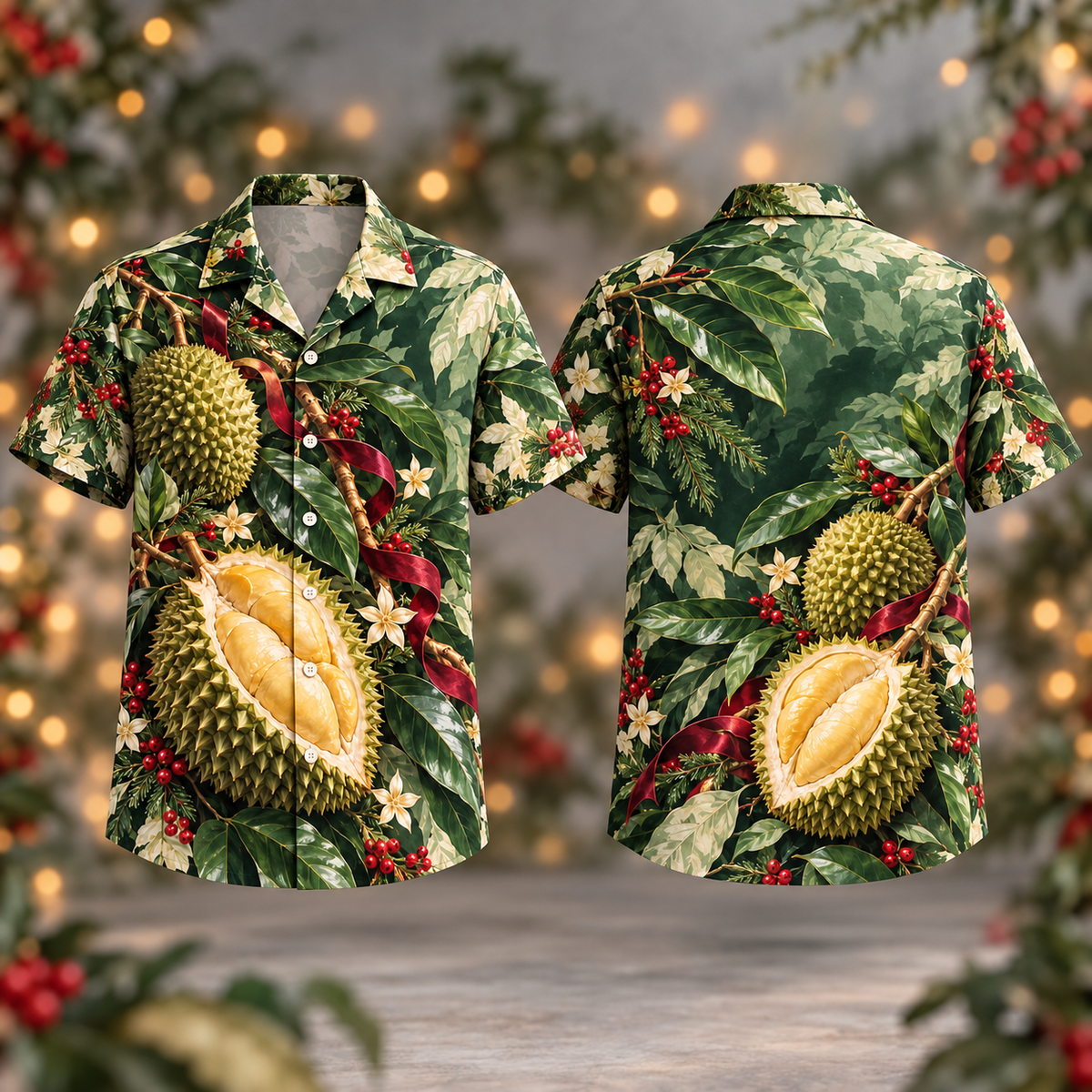 Digital mockup: front and back of one AlohaVero Christmas Durian Olive Jade No Pocket Hawaiian shirt