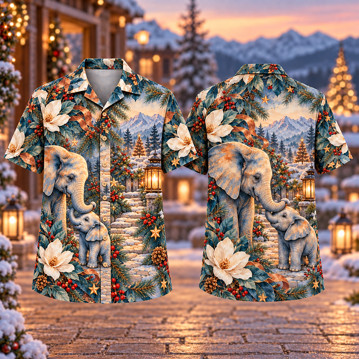 Digital mockup: front and back of one AlohaVero Christmas Elephant Family Touch Slate Copper Ivory No Pocket Hawaiian shirt