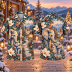Digital mockup: front and back of one AlohaVero Christmas Elephant Family Touch Slate Copper Ivory No Pocket Hawaiian shirt