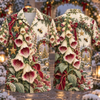 Digital mockup: front and back of one AlohaVero Christmas Embossed Botanical Foxglove Bee Ivory Sage Burgundy No Pocket Hawaiian shirt