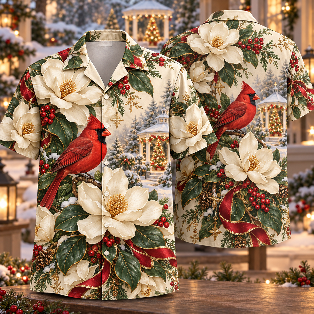 Digital mockup: front and back of one AlohaVero Christmas Embossed Botanical Magnolia Cardinal Ivory Ruby Forest Green No Pocket Hawaiian shirt