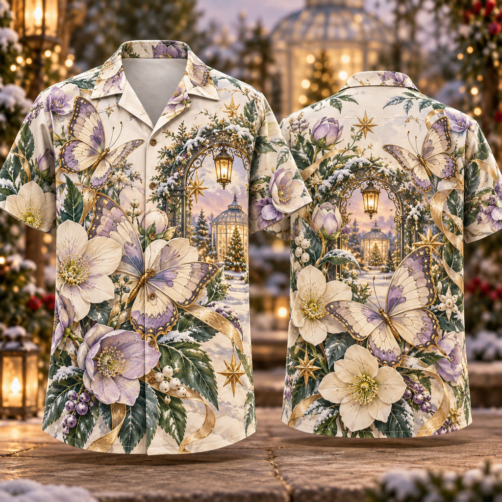 Digital mockup: front and back of one AlohaVero Christmas Embossed Butterfly Winter Garden Ivory Lilac Jade No Pocket Hawaiian shirt