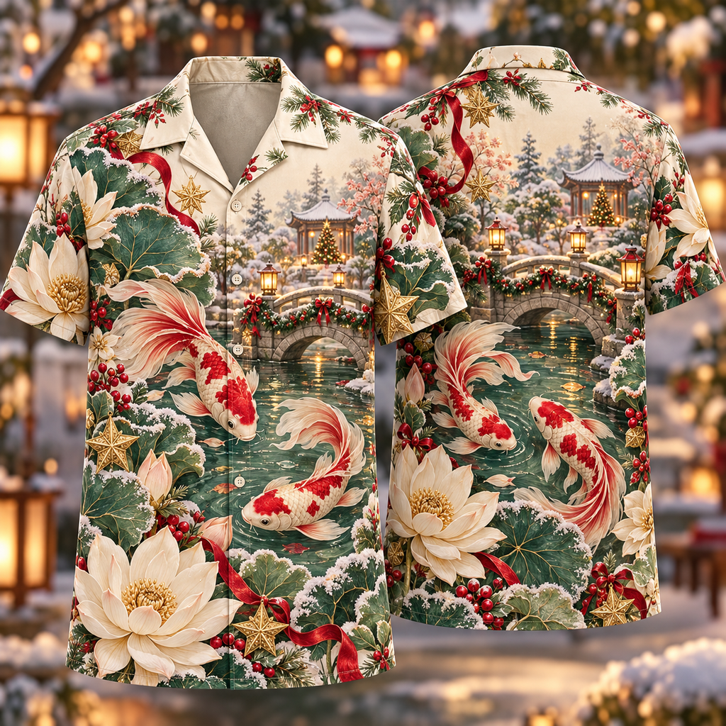 Digital mockup: front and back of one AlohaVero Christmas Embossed Floral Koi Lotus Garden Ivory Ruby Jade No Pocket Hawaiian shirt