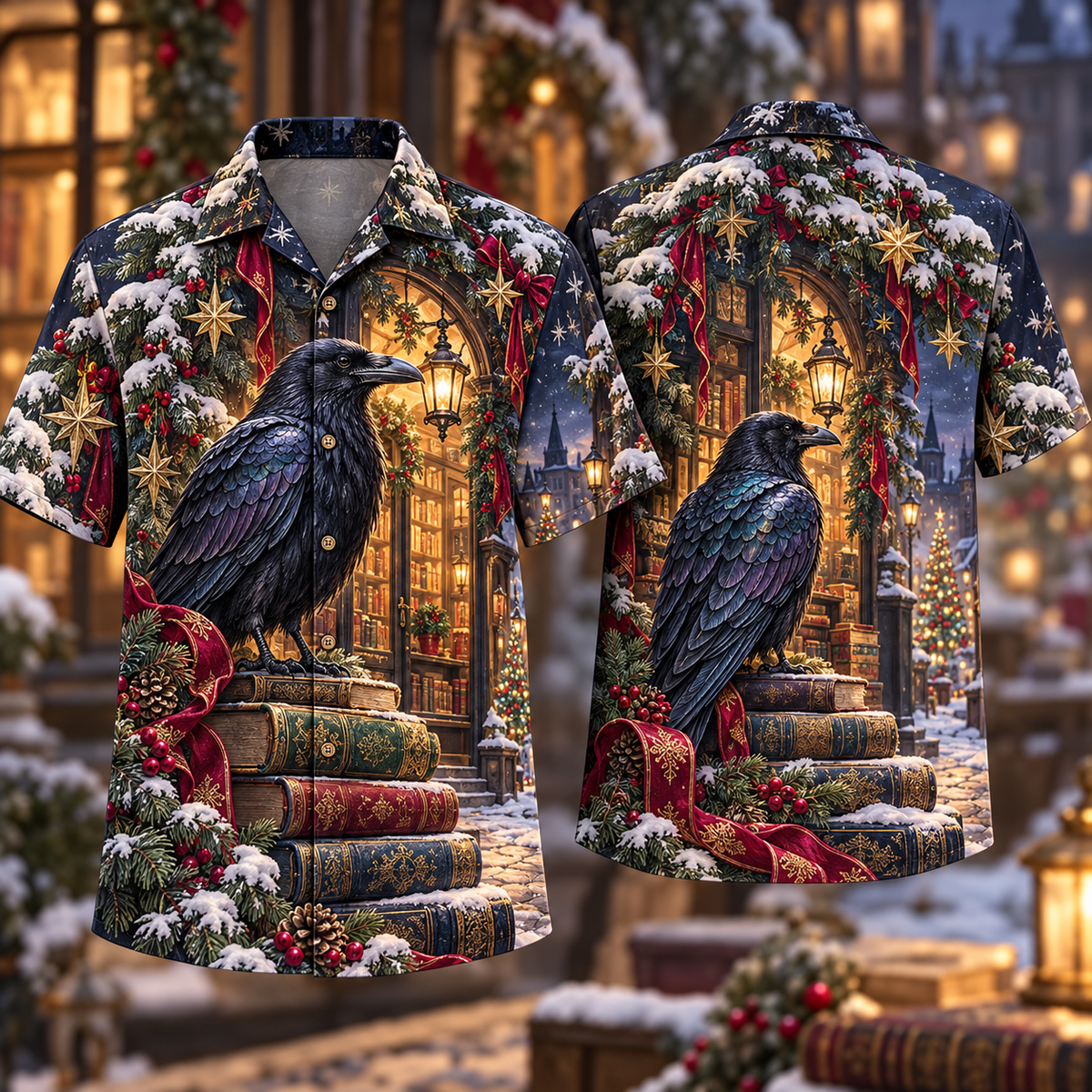 Digital mockup: front and back of one AlohaVero Christmas Embossed Ink Illusion Raven Snowy Bookshop Plum Indigo Ivory No Pocket Hawaiian shirt
