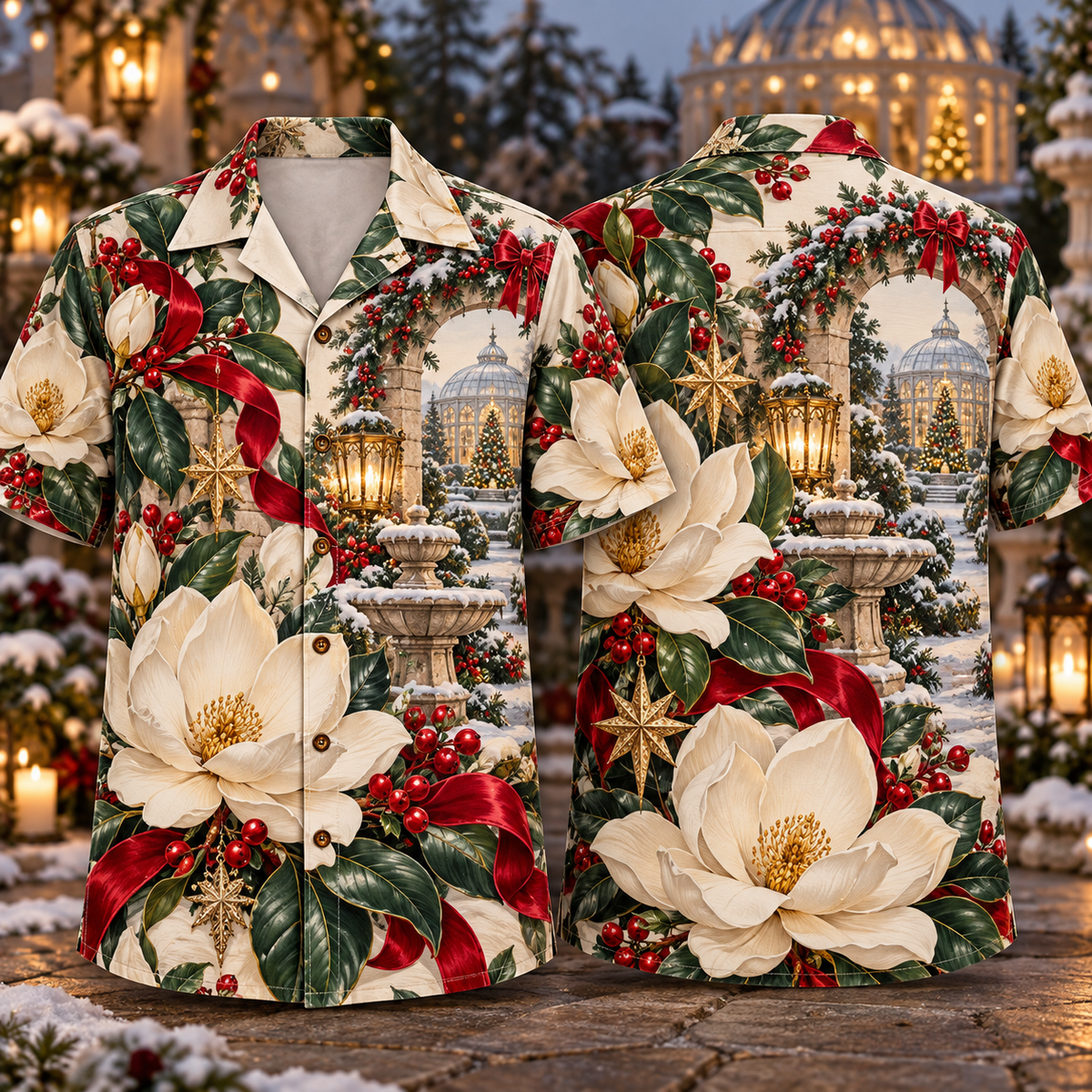 Digital mockup: front and back of one AlohaVero Christmas Embossed Magnolia Garden Ivory Jade Ruby No Pocket Hawaiian shirt