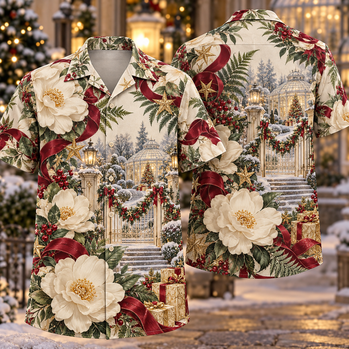Digital mockup: front and back of one AlohaVero Christmas Embossed Winter Garden Gate Ivory Sage Burgundy No Pocket Hawaiian shirt