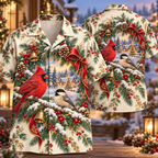 Digital mockup: front and back of one AlohaVero Christmas Embroidered Illusion Cardinal Chickadee Ivory Pine Wreath No Pocket Hawaiian shirt