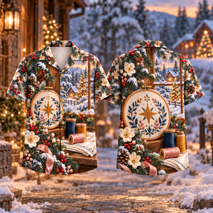Christmas Embroidery Hoop Star Print Indigo Ochre Hawaiian Shirt