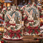 Digital mockup: front and back of one AlohaVero Christmas Embroidery Illusion Rabbit Snow Globe Cranberry Sage Ivory No Pocket Hawaiian shirt