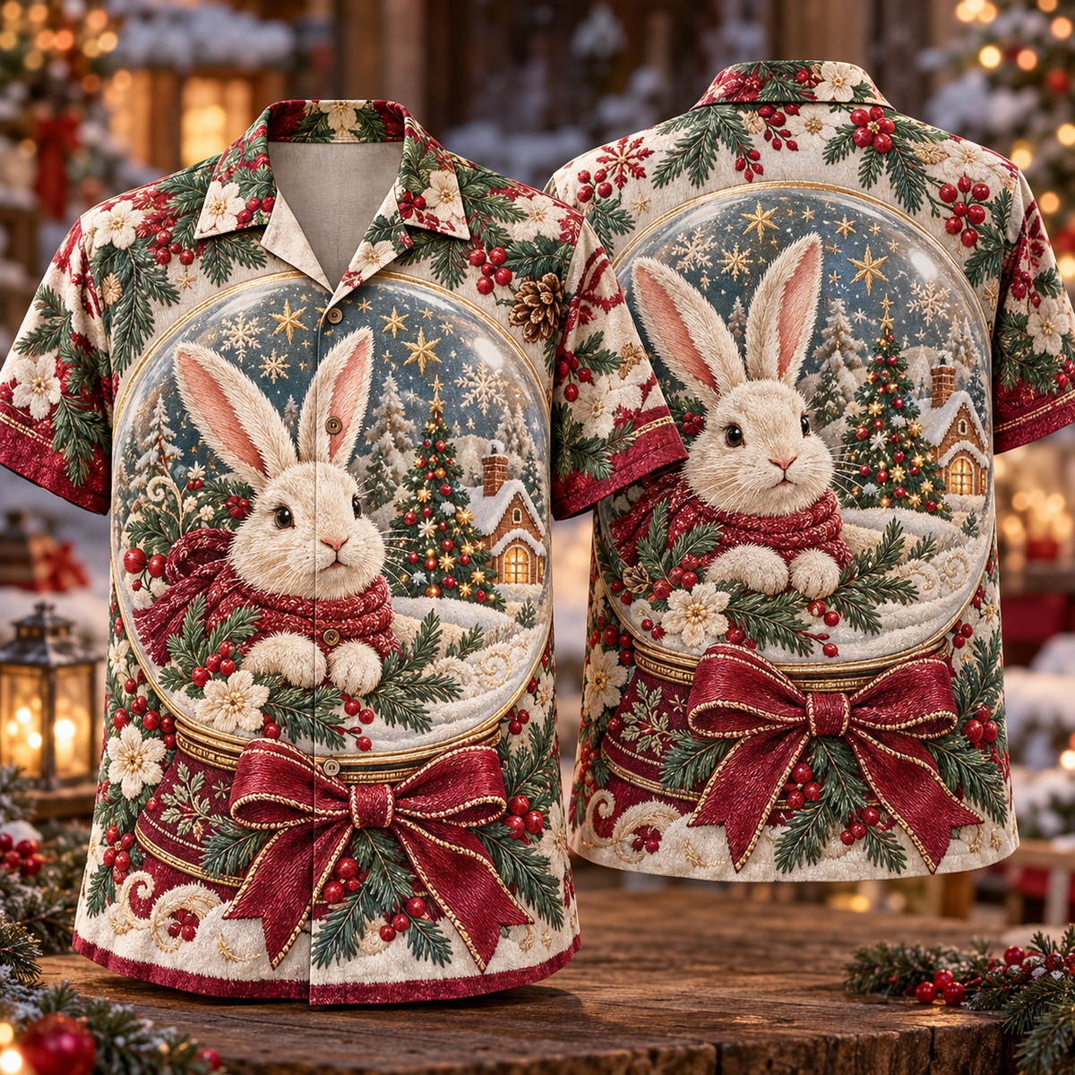 Digital mockup: front and back of one AlohaVero Christmas Embroidery Illusion Rabbit Snow Globe Cranberry Sage Ivory No Pocket Hawaiian shirt
