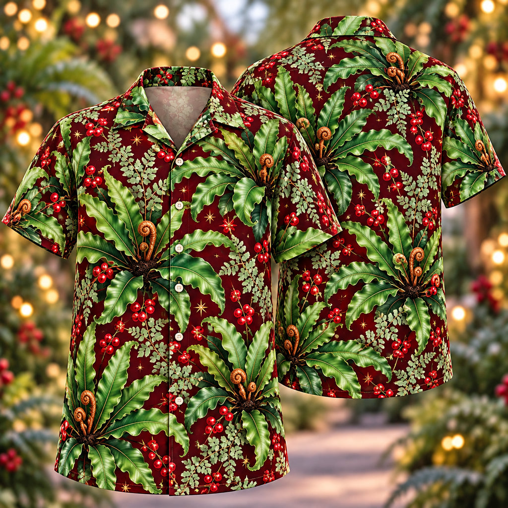 Digital mockup: front and back of one AlohaVero Christmas Emerald Birds Nest Fern Wine Aloha No Pocket Hawaiian shirt
