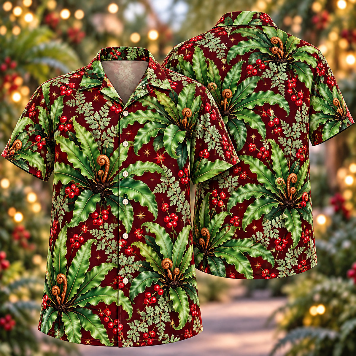 Digital mockup: front and back of one AlohaVero Christmas Emerald Birds Nest Fern Wine Aloha No Pocket Hawaiian shirt