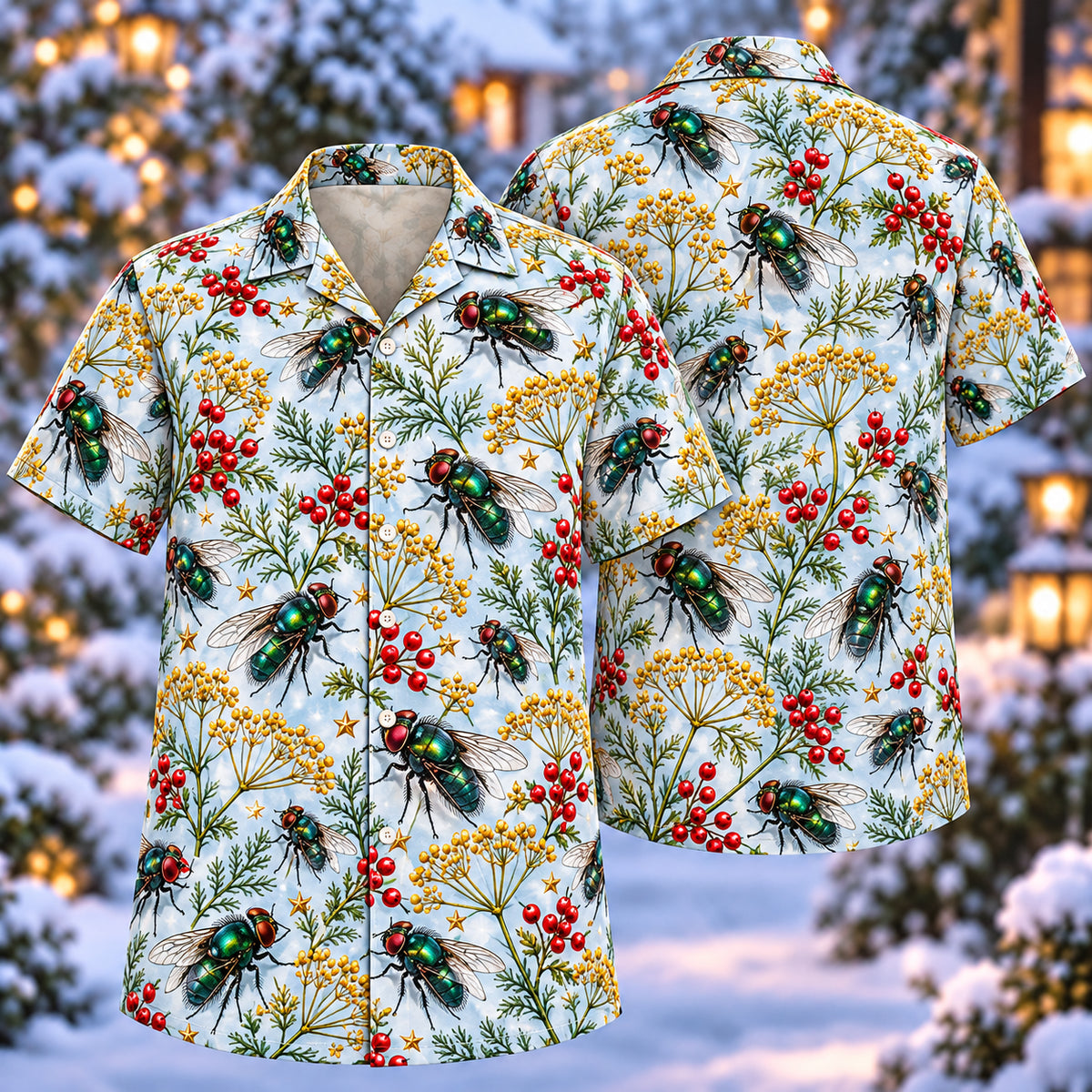 Digital mockup: front and back of one AlohaVero Christmas Emerald Bottle Fly Fennel Aloha No Pocket Hawaiian shirt