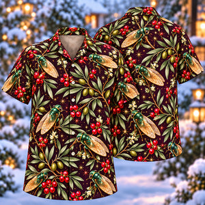 Christmas Emerald Cicada Olive Plum Aloha Hawaiian Shirt