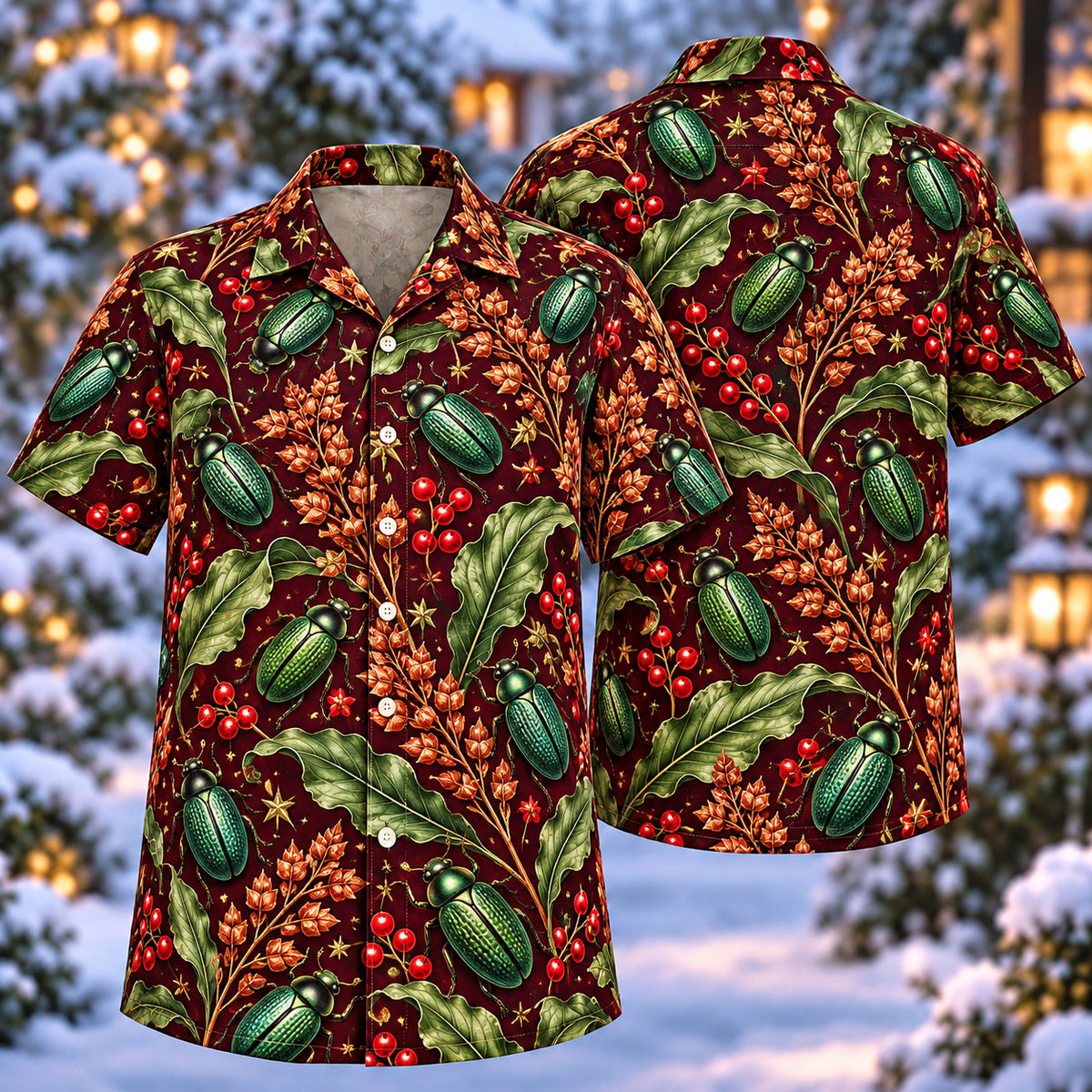 Digital mockup: front and back of one AlohaVero Christmas Emerald Dock Beetle Russet Seed Aloha No Pocket Hawaiian shirt