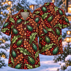 Digital mockup: front and back of one AlohaVero Christmas Emerald Dock Beetle Russet Seed Aloha No Pocket Hawaiian shirt