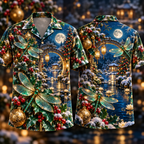 Digital mockup: front and back of one AlohaVero Christmas Emerald Dragonfly Sapphire Moon Pond No Pocket Hawaiian shirt