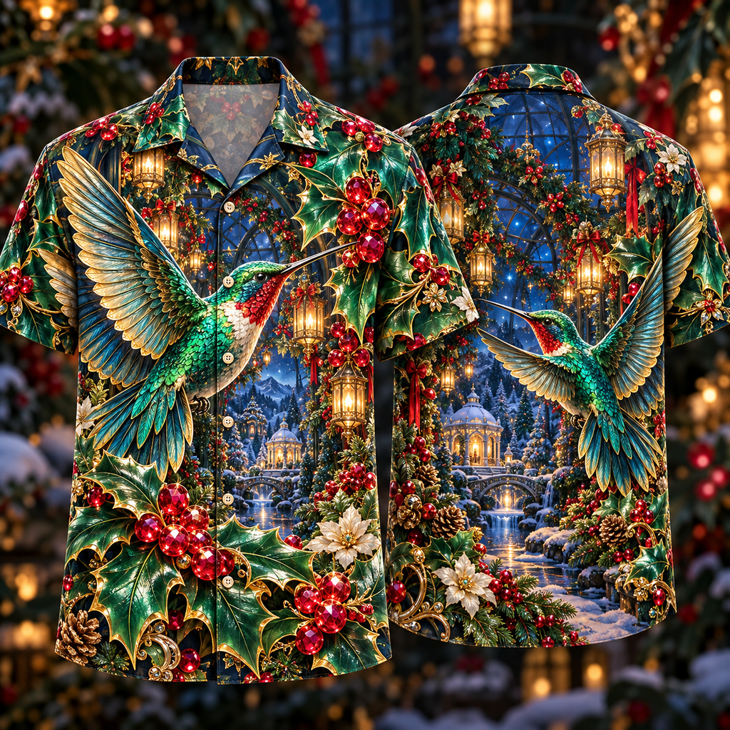 Digital mockup: front and back of one AlohaVero Christmas Emerald Hummingbird Jeweled Holly Tunnel No Pocket Hawaiian shirt