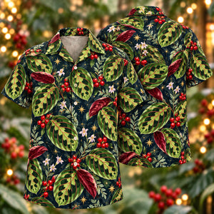 Christmas Emerald Maranta Navy Aloha Hawaiian Shirt