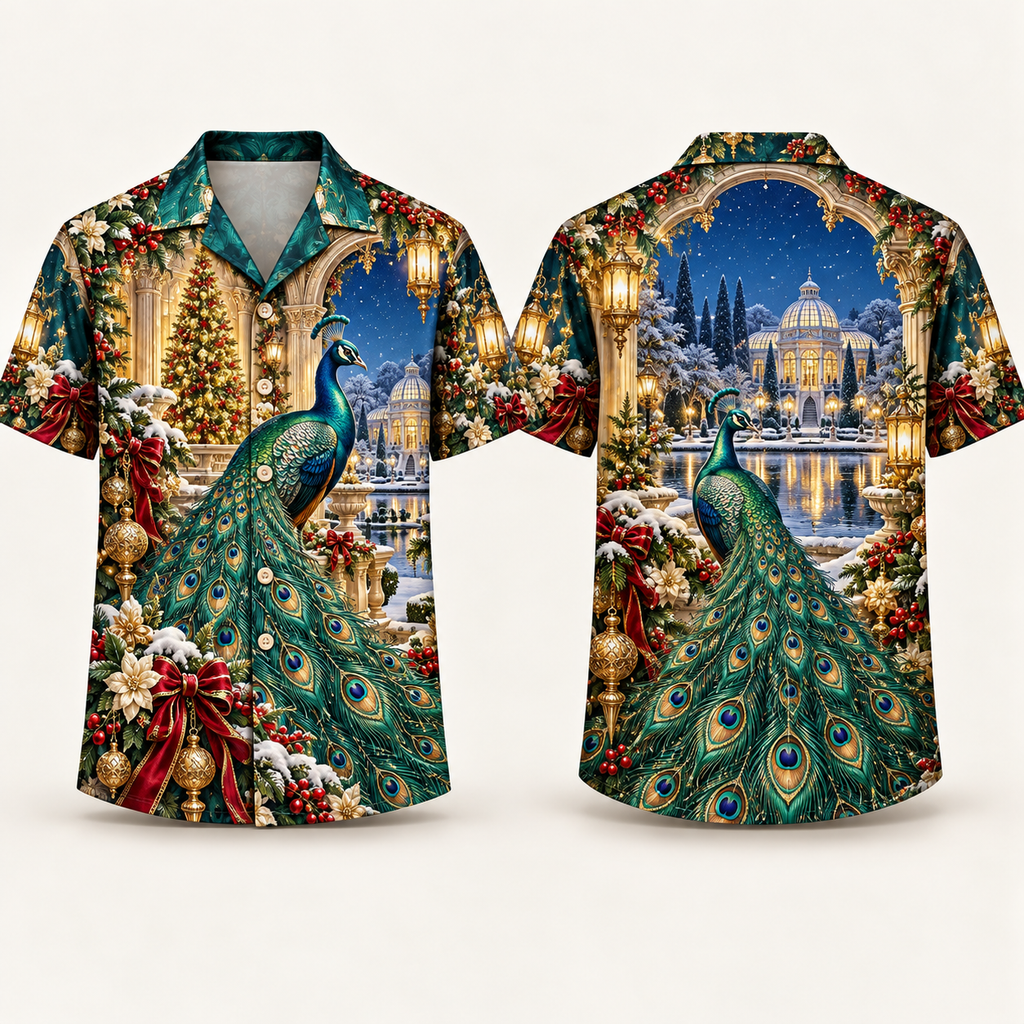 Digital mockup: front and back of one AlohaVero Christmas Emerald Peacock Palace Garden No Pocket Hawaiian shirt