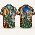 Digital mockup: front and back of one AlohaVero Christmas Emerald Peacock Palace Garden No Pocket Hawaiian shirt