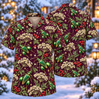 Digital mockup: front and back of one AlohaVero Christmas Emerald Flower Beetle Cow Parsley Aloha No Pocket Hawaiian shirt