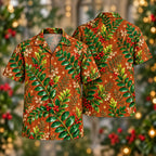 Digital mockup: front and back of one AlohaVero Christmas Emerald ZZ Plant Copper Aloha No Pocket Hawaiian shirt