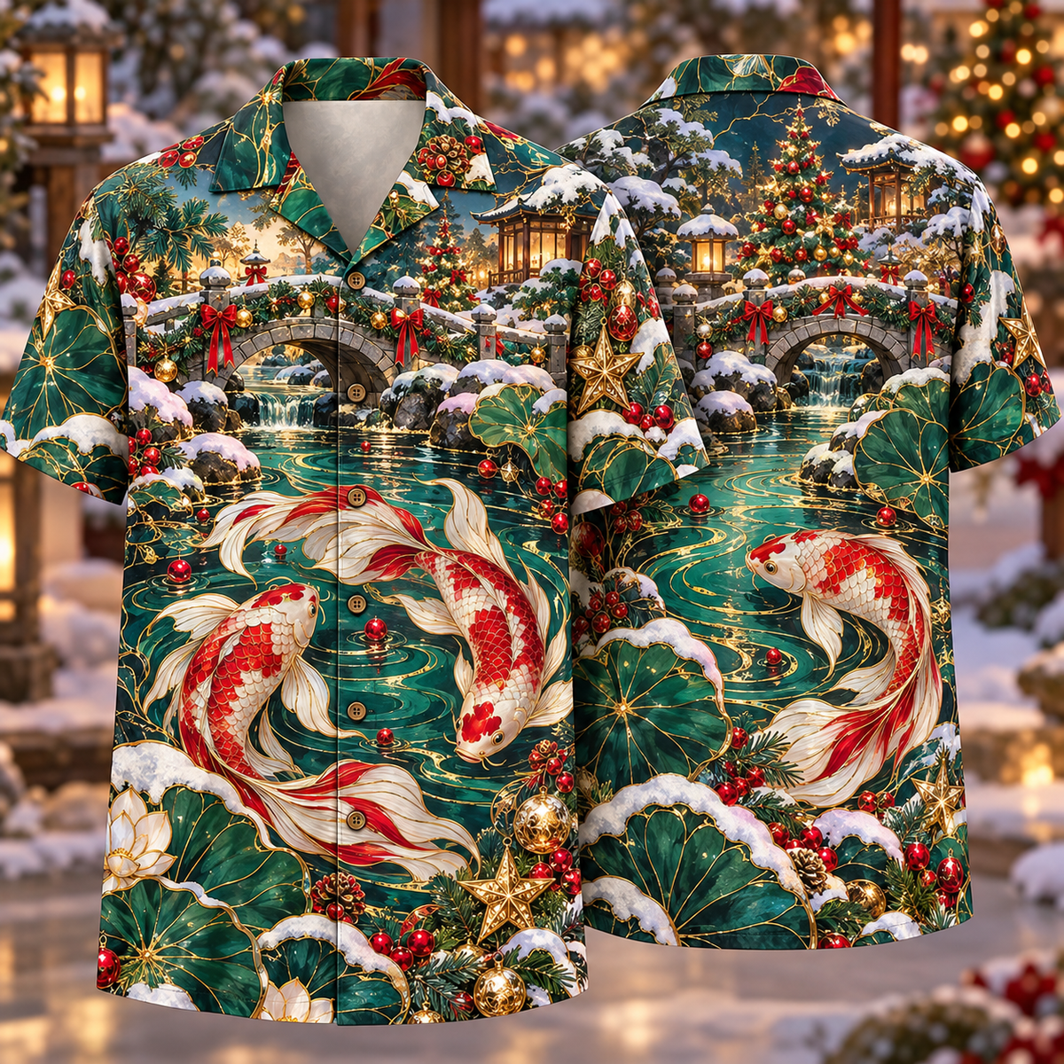 Digital mockup: front and back of one AlohaVero Christmas Enamel Illusion Koi Pond Ruby Ivory Jade Golden Stars No Pocket Hawaiian shirt