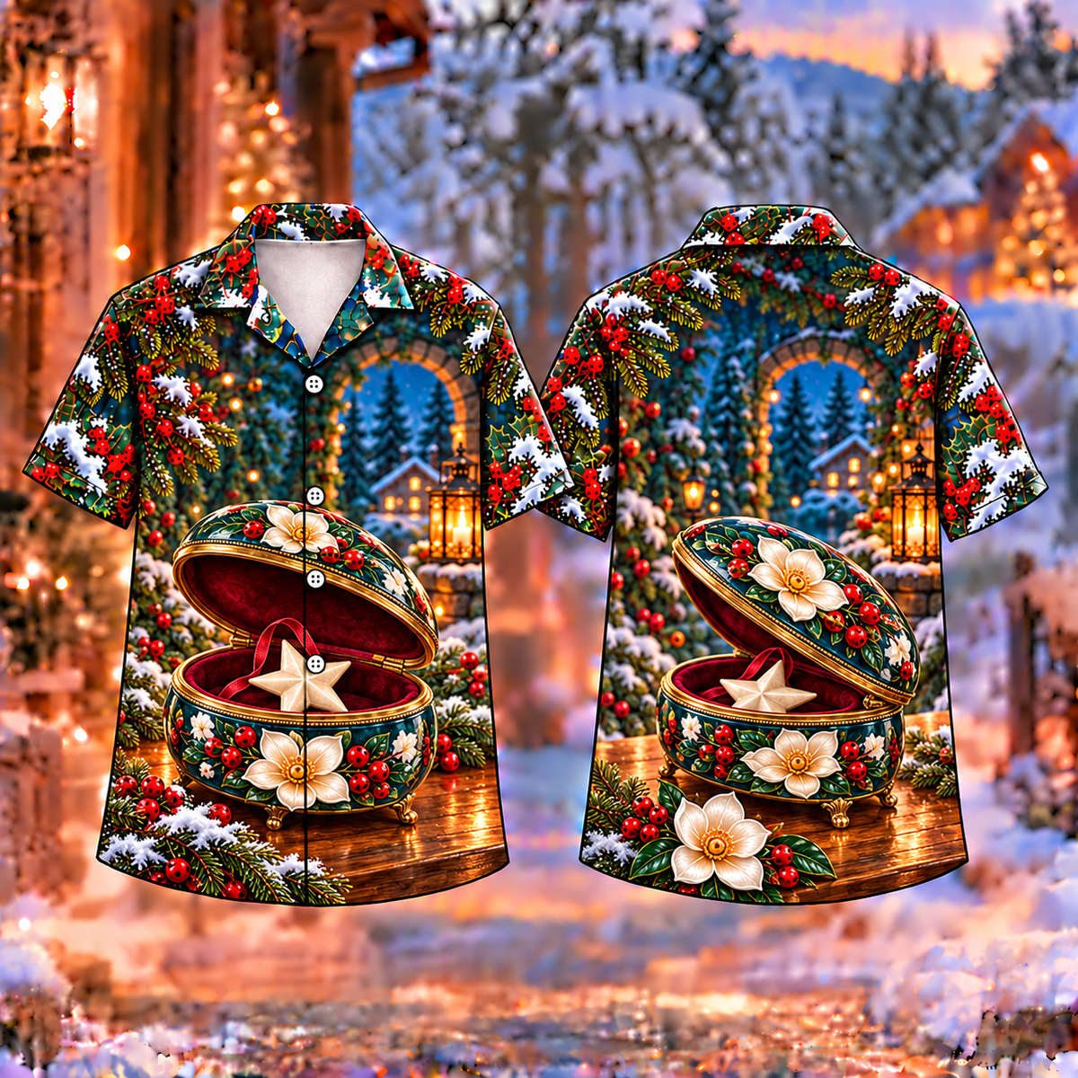 Digital mockup: front and back of one AlohaVero Christmas Enamel Keepsake Gift Print No Pocket Hawaiian shirt