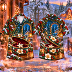 Digital mockup: front and back of one AlohaVero Christmas Enamel Keepsake Gift Print No Pocket Hawaiian shirt
