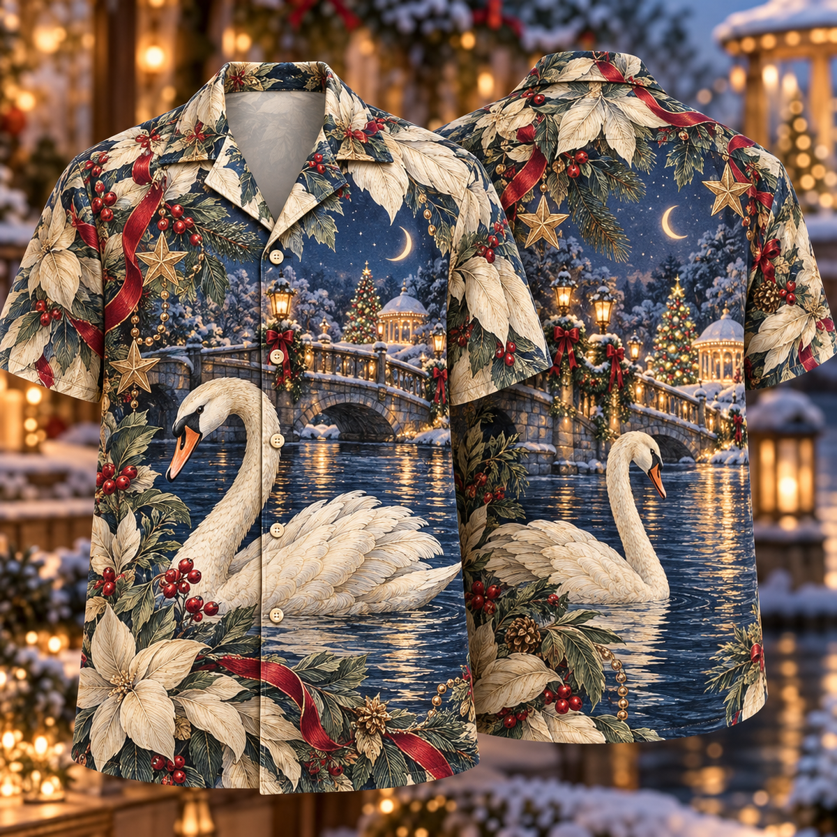 Digital mockup: front and back of one AlohaVero Christmas Engraved Botanical Swan Moon Canal Ivory Indigo Ruby No Pocket Hawaiian shirt