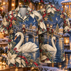 Digital mockup: front and back of one AlohaVero Christmas Engraved Botanical Swan Moon Canal Ivory Indigo Ruby No Pocket Hawaiian shirt